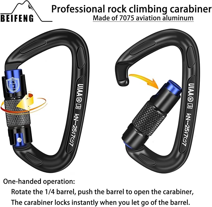 BEIFENG 25KN Auto Locking Carabiner - UIAA Certified Heavy Duty Climbing Carabiners for Rock Climbing, Camping, Rappelling, Hunting, Rescue Equipment - Professional Carabiner Clips (Black)-StrideForce Fitness