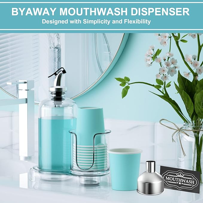 Mouthwash Dispenser for Bathroom with Cup Holder Detachable Glass Mouthwash Container 16 Oz,Refillable Mouth Washer Dispenser for Countertop