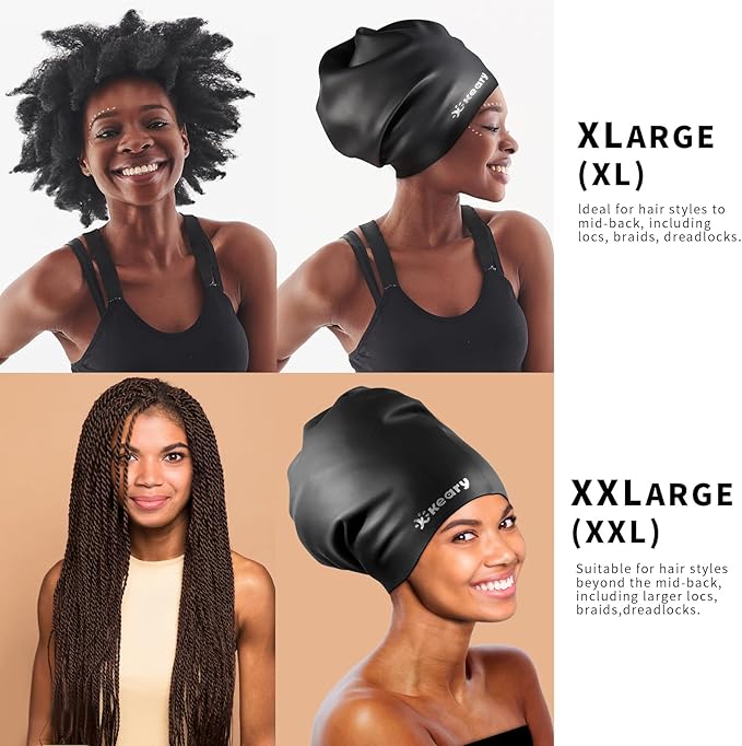Keary Extra Large Swim Cap for Braids and Dreadlocks Extensions Weaves Long Hair, Waterproof Silicone Cover Ear Bath Pool Shower Swimming Cap for Adult Youth to Keep Hair Dry, Easy to Put On and Off-StrideForce Fitness