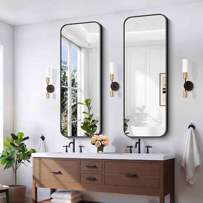 FORBATH Bathroom Mirror 20" x 55", Rectangle Black Bathroom Mirror with Black Aluminum Frame Rounded Corner, Wall Mounted Mirror for Bedroom Entryway Living Room-StrideForce Fitness