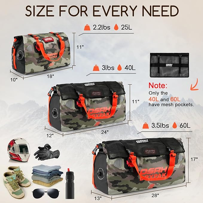 Waterproof Duffel Bag - Motorcycle Dry Bag Tail Bag with Large Storage Space, Waterproof Luggage Duffle Bags with Outer Mesh Zipper Pocket for Camping, Kayaking, Fishing & Traveling-StrideForce Fitness