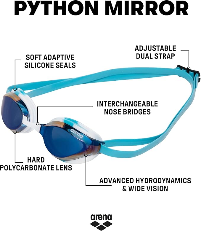ARENA Unisex Python Racing Swim Goggles for Men and Women Anti-Fog No Leak Max Comfort Dual Strap, Mirror/Non-Mirror Lens-StrideForce Fitness