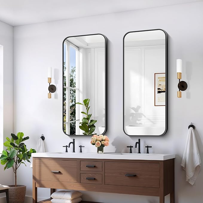 FORBATH Bathroom Mirror 20" x 48", Rectangle Black Bathroom Mirror with Black Aluminum Frame Rounded Corner, Wall Mounted Mirror for Bedroom Entryway Living Room-StrideForce Fitness