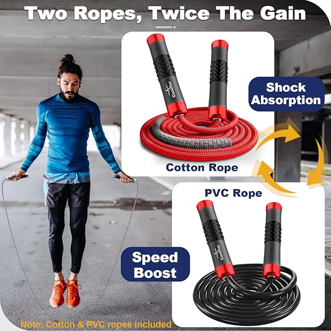Weighted Jump Rope, 1LB Tangle-Free Ball Bearing Rapid Speed Skipping Rope for Men Women, Adjustable 9mm Cotton & PVC Rope with Alum Handle for Boxing MMA Weight-Loss Athletic Workout Fitness-StrideForce Fitness