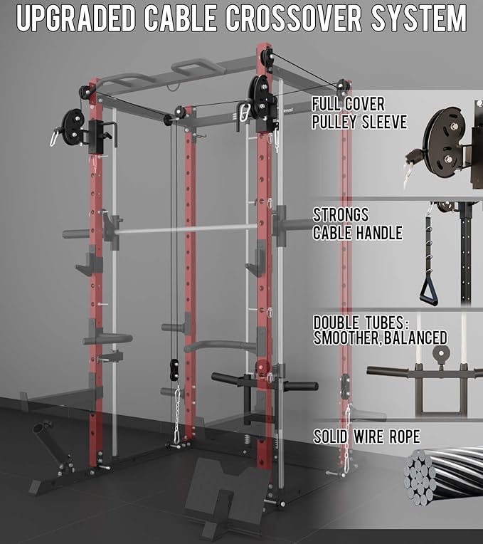 Eonfit E3 Smith Machine with 360°Rotating Arm for Home Gym Equipment, Multi-Function Power Cage Squat Rack with Cable Crossover LAT Pulldown Pulley System All in One-StrideForce Fitness