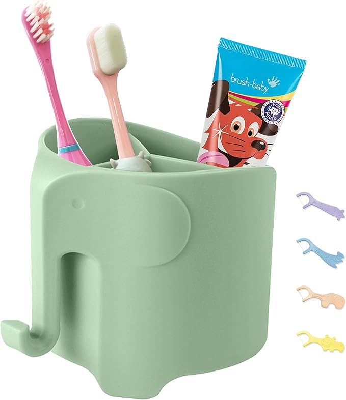 Kids Toothbrush Holder, Cute Elephant Toothbrush Holders for Toddler, Toothbrush Toothpaste Holder for Bathroom, Toothbrush Organizer with 3 Slots and a Hook, Green