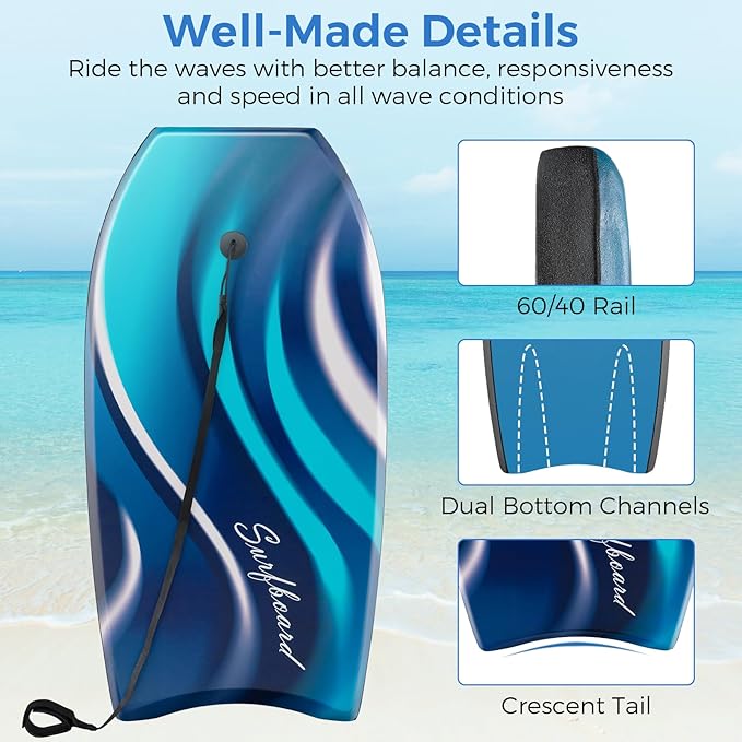 KOTEK 33/37/41 Inch Body Board with Wrist Leash, EPS Core, Dual Channel, HDPE Slick Bottom, Bodyboard for All Skill Levels & Wave Conditions-StrideForce Fitness