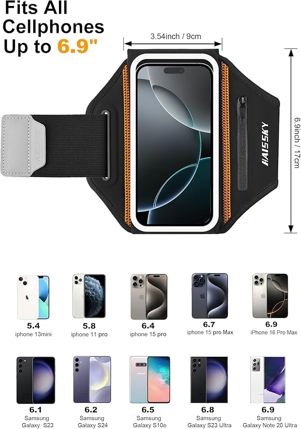 Running Armband with Earphone Bag Cell Phone Armband for iPhone 16 15 Pro 14 Plus 13 11 XR XS, Galaxy S24/S10 Water Resistant Sports Phone Holder Case & Zipper Slot Car Key Holder for 6.9 inch Phone-StrideForce Fitness