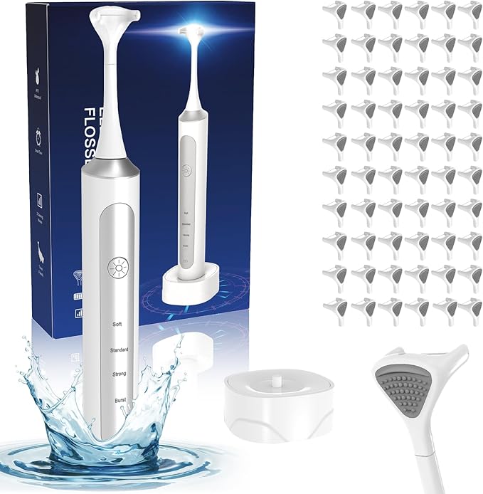 Electric Flosser, 3 in 1 Electric Teeth Flosser for Teeth, 4 Speeds+60 Reusable Non-Toxic Replacement Heads, Tongue Scraper & Gum Stimulator, Ultrasonic Power Flossing for Adults & Kids