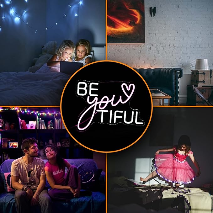 Be Your Tiful Neon Sign Dimmable Letter Neon Signs White Pink Wall Decorative Lights Powered USB with Switch for Bedroom Kid Room Shop Apartment Birthday Party Wedding （15.7’’X11.8’’）-StrideForce Fitness