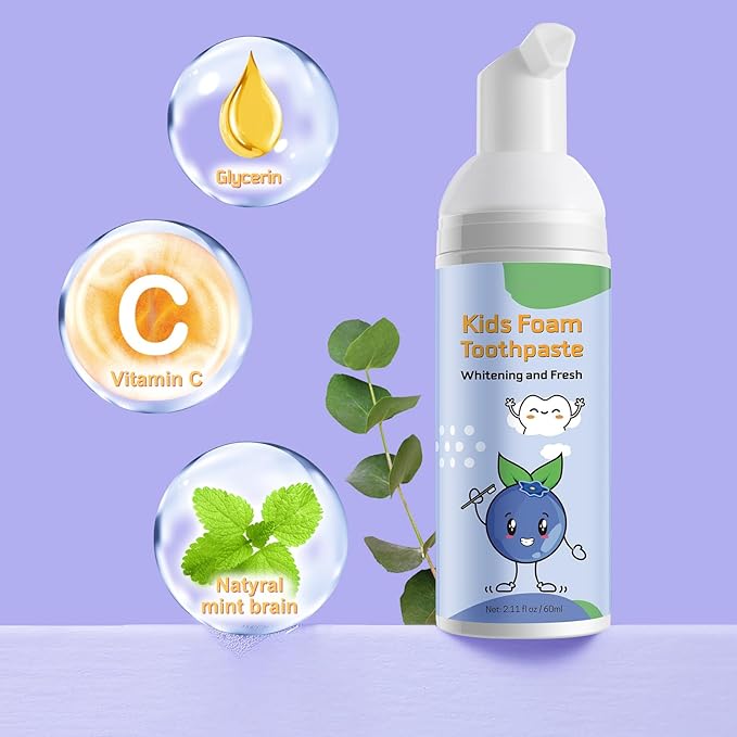 Foam Toothpaste Kids 2PCS, Toddler Toothpaste Cavity Protection, Clean and Whitening, 360ºCare, Portable, Kids Foam Toothpaste with Fluoride for Electric & U-Shape Toothbrushes (Blueberry)