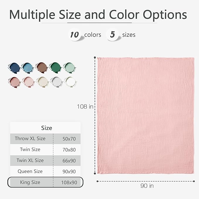 Carriediosa 100% Cotton Muslin Throw Blanket 108" X 90" King Size，4-Layers Summer Gauze Throws for Bed Couch，Soft Lightweight Breathable Linen Blankets Bedspread for Adults All Season，Dusty Pink-StrideForce Fitness