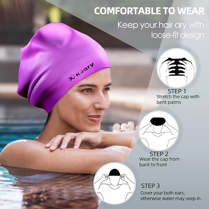 Keary Extra Large Swim Cap for Braids and Dreadlocks Extensions Weaves Long Hair, Waterproof Silicone Cover Ear Bath Pool Shower Swimming Cap for Adult Youth to Keep Hair Dry, Easy to Put On and Off-StrideForce Fitness
