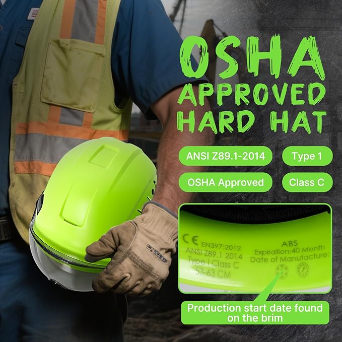 Aolamegs Construction Hard Hats for Adults - Hard Hats Construction OSHA Approved with Smoke Visor for Men Women ANSI Z89.1 Vented Safety Helmet, Hard Hat with Chin Strap,6 Point Suspension （Green-StrideForce Fitness
