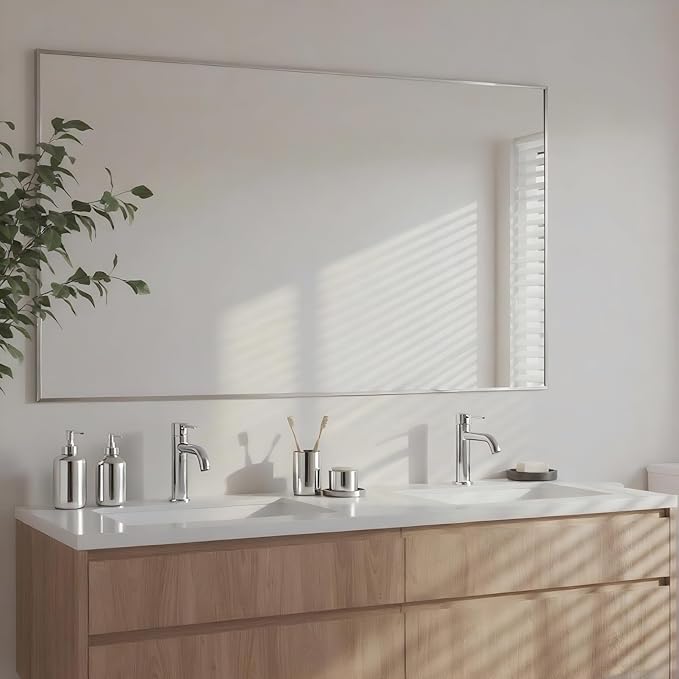 24x40 Inch Nickel Bathroom Mirror for Wall, Aluminum Frame Rectangle Rectangular Vanity Mirror, Modern Large for Bedroom, Living Room, Horizontal or Vertical-StrideForce Fitness