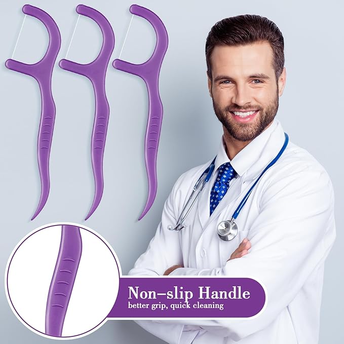 Baderke 200 Count Floss Picks Bulk Non Breakable Tooth Picks Flosser Dental Floss Sticks for Adults Teeth Cleaning Dental Flossers for Family Pack Travel(Dark Purple)