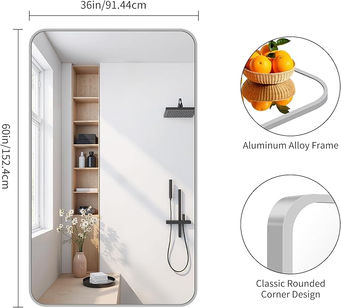 FORBATH 60x36 Inch Silver Bathroom Mirror for Over Sink, Large and Wide Rectangular Wall Mirror with Metal Frame, Rounded Corners for Bathroom, Bedroom, Entryway Decor (Horizontal or Vertical)-StrideForce Fitness