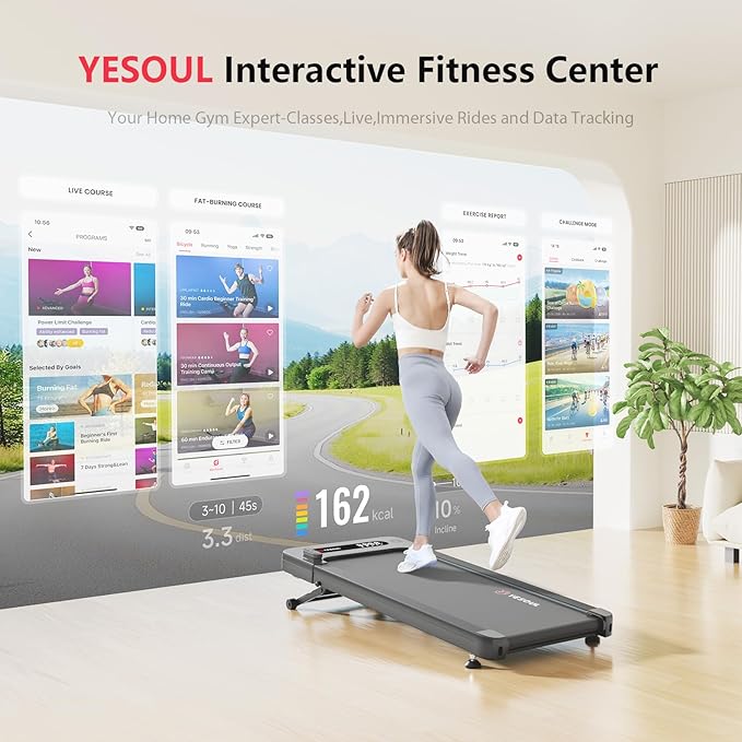 Yesoul Walking Pad Treadmill with 10% Auto Incline, Under Desk Treadmill for Home Walking, Hiking & Running, 300lbs Capacity, Smart App Scenic Routes & Live Classes, Remote & LED Display-StrideForce Fitness