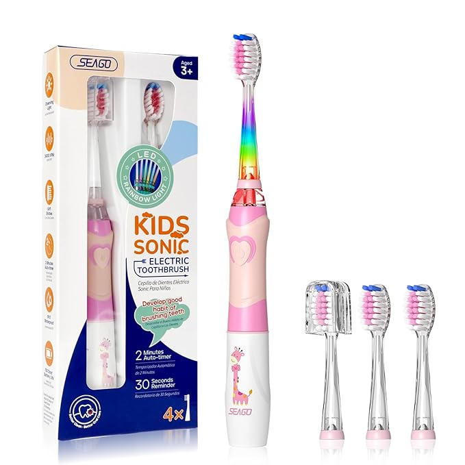 SEAGO Kids Electric Toothbrush with 2 Mins Timer and 4 Replacement Bursh Heads, Rainbow LED Light Make Brushing Fun, Pink Color Girls Battery Powerd for 4-12 Years Old，SG-977