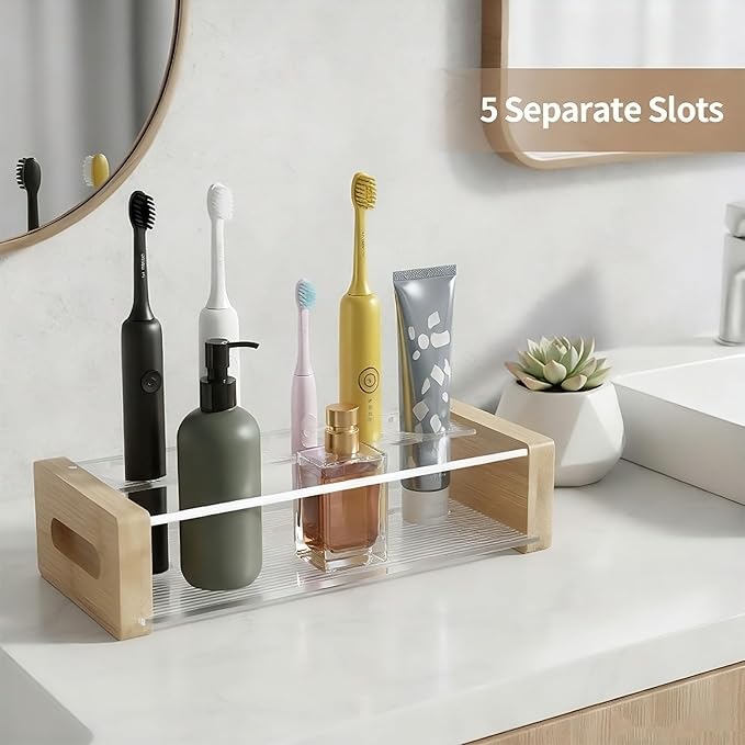 Toothbrush Holder for Bathroom - 5 Slot Organizer with Drainage Holes, Holds Toothpaste, Razor & Mouthwash, Bathroom Vanity Countertop Storage for Bathroom Accessories Organization