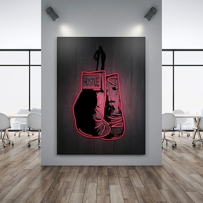Boxing Gloves Neon Canvas Print Motivational Canvas Print Wall Art Office Decor, Entrepreneur Motivation, Hustle Artwork, Boxing Neon Print, Fighter Gym Sign, Hustler Art Neon Sign (18" x 12")-StrideForce Fitness