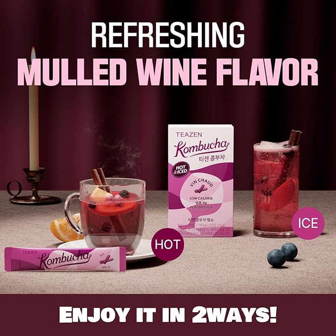 TEAZEN Mulled Wine Kombucha Tea, Spice Tea, Live Probiotics & Postbiotics, Relaxation and Warmth for Colds and Sore Throat, Electrolyte & Hydration Drink Mix, Sugar Free, 10 Sticks, 1.76oz-StrideForce Fitness