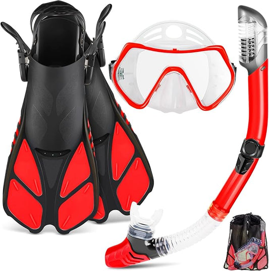 ZEEPORTE Mask Fin Snorkel Set, Travel Size Snorkeling Gear for Adults with Panoramic View Anti-Fog Mask, Trek Fins, Dry Top Snorkel and Gear Bag for Swimming Training, Snorkeling Kit Diving Packages-StrideForce Fitness