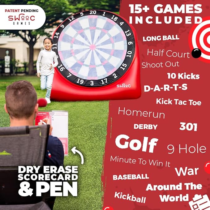 SWOOC Games - Inflatable Giant Kick Darts (15+ Ways to Play) - Jumbo Soccer Dartboard w/Air Pump - Big Carnival Games - Giant Outdoor Games - Oversized Dart Board Yard & Lawn Game for Kids & Adults-StrideForce Fitness