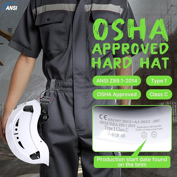 AOLAMEGS Construction Safety Hard Hat - ANSI Z89.1 Type Ι OSHA Approved Safety Helmets with Chin Straps Lightweight Reflective Vented ABS Hard Hats For Men Women Industrial Workwear 6-point Suspension-StrideForce Fitness