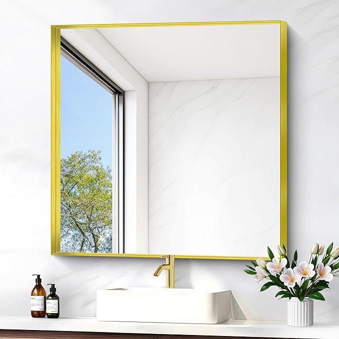Gold Bathroom Mirror, 30x30 Inch Rectangular Framed Mirror, Large Wall Mounted Bathroom Vanity Mirror Over Sink for Bedroom,Restroom, Living Room, Hangs Vertically or Horizontally-StrideForce Fitness