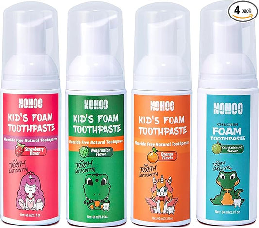 NOHOO Fluoride Free Foam Toothpaste Kids Fruit Flavour,Natural Training Toothpaste for Baby Toddler Children Oral Cleaning and Cavity Protection Strawberry Orange Cantaloupe Watermelon