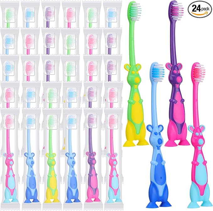 Gerrii Kids Toothbrushes Bulk Soft Lovely Little Kangaroo with Covers Suction Cup Individually Wrapped for Children Toddler Home School Camp Daycare Travel(24 Pcs)
