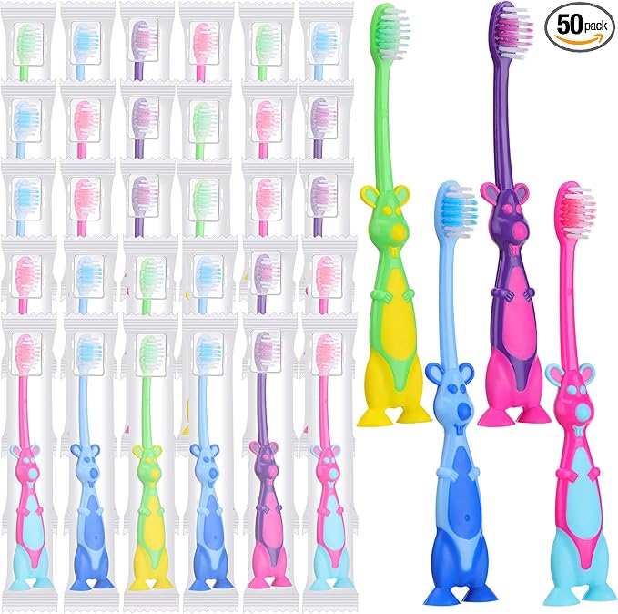 Gerrii Kids Toothbrushes Bulk Soft Lovely Little Kangaroo with Covers Suction Cup Individually Wrapped for Children Toddler Home School Camp Daycare Travel (50 Pcs)