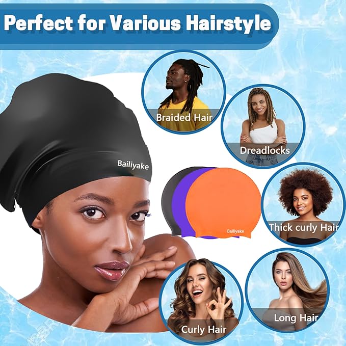 3 Pack Extra Large Swim Cap for Braids & Dreadlocks - Waterproof Silicone Swim Hat for Women with Long Thick Hair, Protective Swim Cap Cover Ears for Swimming, Shower, Bathing-StrideForce Fitness