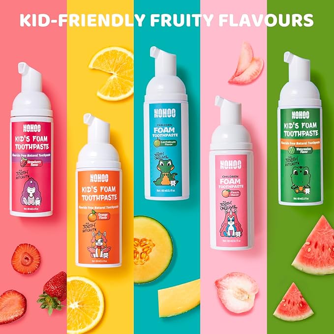 NOHOO Fluoride Free Foam Toothpaste Kids Fruit Flavour,Natural Training Toothpaste for Baby Toddler Children Oral Cleaning and Cavity Protection(2 Orange + 2 Watermelon)