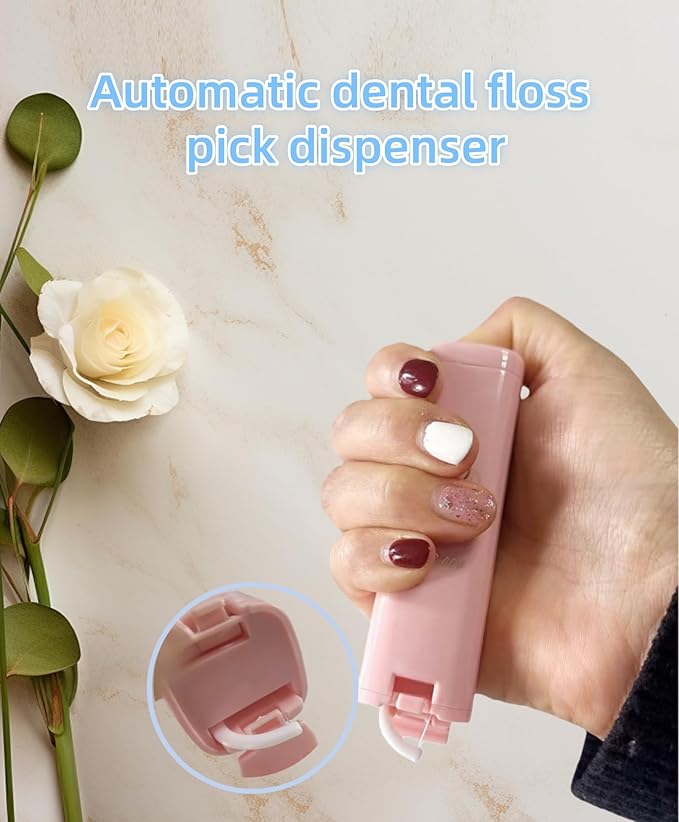 Portable Floss Dispenser, Upgrade Refillable Floss Pick Dispenser with 100 Picks, Automatic Dental Floss Pick Case, Refillable Floss Pick Box for Teeth Cleaning and Oral Care, Travel (Pink)