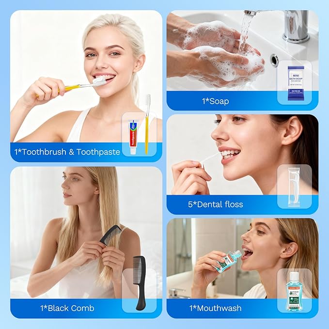 Xuezoioy Personal Hygiene Kit Bulk Pack of 50,Yellow Basic Travel Toiletry Set Disposable Toothbrushes with Toothpaste Mouthwash Floss Comb Cover and Zip Bag for Homeless,Charity,Guests