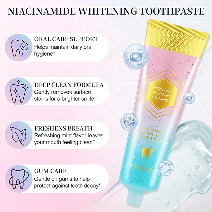 Niacinamide Whitening Toothpaste, Radiant Whitening Toothpaste, Stain Removal Natural, Complete Care, Enamel Repair, Freshes Breath, for Healthier and Whiter Teeth 2 PCS