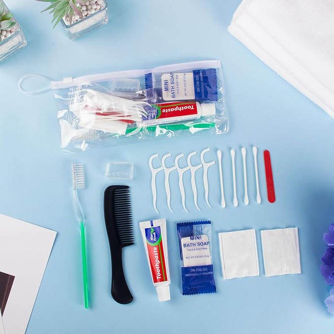 Xuezoioy 100 Sets Personal Hygiene Kit Bulk,9-IN-1 Green Disposable Toothbrushes with Toothpaste Floss Comb Soap Cover and Hotel Vanity Set Basic Travel Toiletry Supplies for Homeless,Travel,Guests