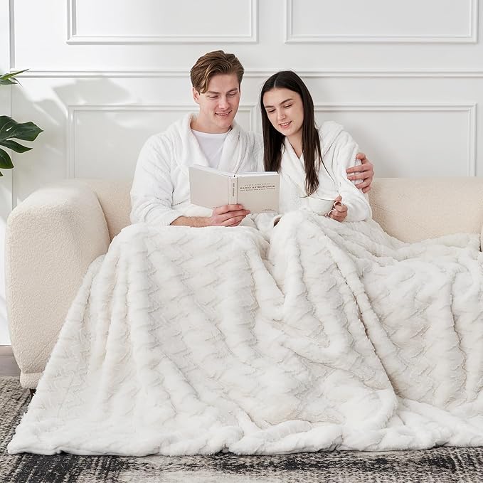 Cozy Bliss Faux Fur Throw Blanket for Couch - Ultra Soft Fuzzy Cozy Throw Gift Blankets for Women,Cream White Boho Blanket for Sofa Bedroom Living Room.60 * 80 Inches-StrideForce Fitness