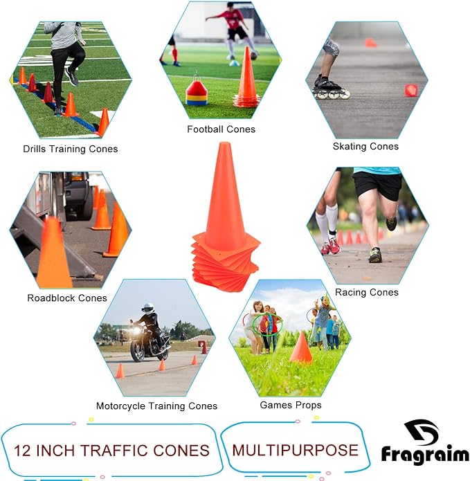 12 Inch Traffic Training Cones, Plastic Safety Parking Cones, Agility Field Marker Cones for Soccer Basketball Football Drills Training, Outdoor Sport Activity & Festive Events - 6 Colors-StrideForce Fitness
