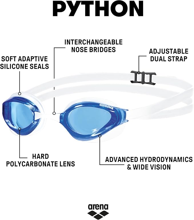 ARENA Unisex Python Racing Swim Goggles for Men and Women Anti-Fog No Leak Max Comfort Dual Strap, Mirror/Non-Mirror Lens-StrideForce Fitness