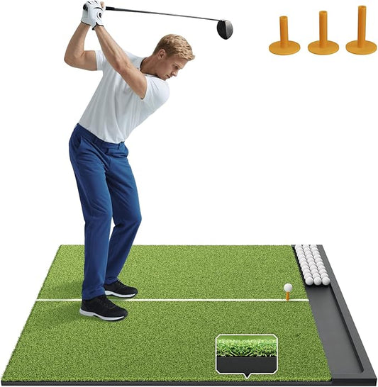 Golf Hitting Mat with Ball Tray, 5x4 & 6x4 ft, 26mm/31mm Thick, Standard & Alignment Line Options, Premium Golf Practice Mat for Indoor Outdoor Swing & Chipping-StrideForce Fitness