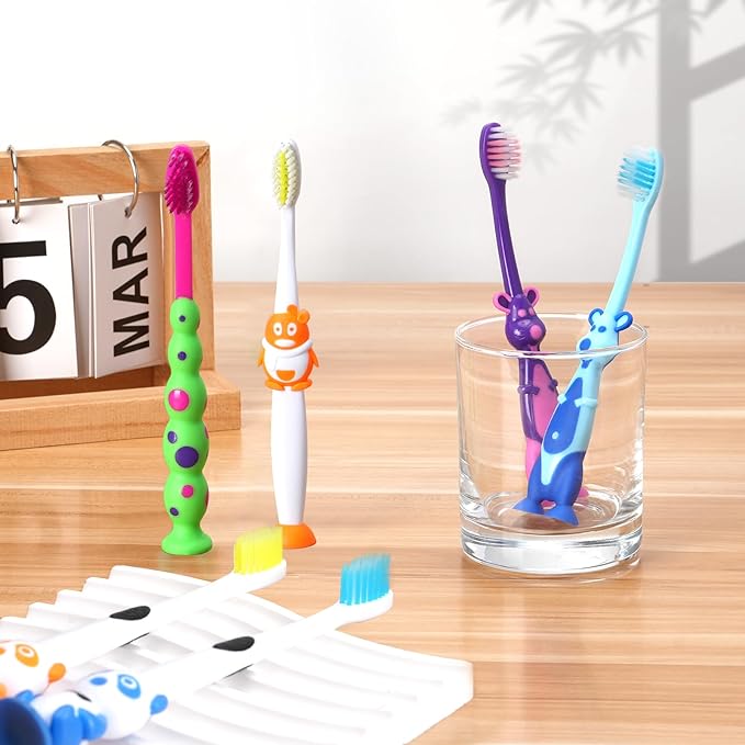 Newday 16 Pack Kids Toothbrush Bulk Soft Bristles Toddler Cute Toothbrush with Suction Cup, Includes Travel Covers, Individually Wrapped Toothbrushes, Animal Design for Children's toothbrushes