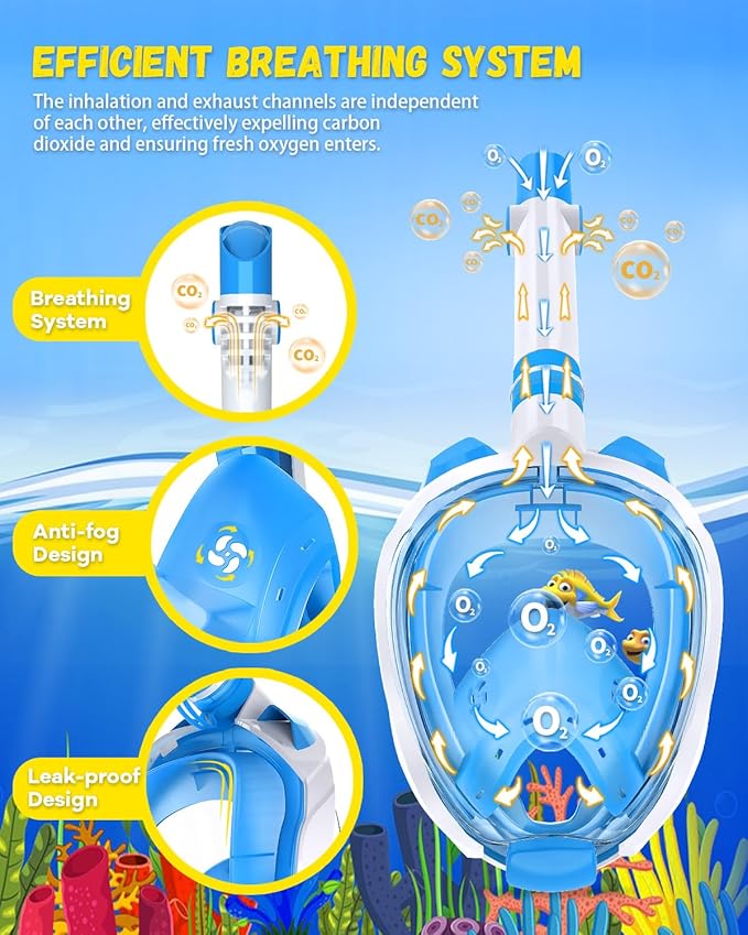 W WSTOO Kids Full Face Snorkel Masks,Suitable for Beginners Dry Top Snorkeling Gear,Can Your Mouth or Nose to Breathe,180 Degrees Panoramic View,Anti-Fog Anti-Leak,Summer Travel and Vacationing Gifts-StrideForce Fitness