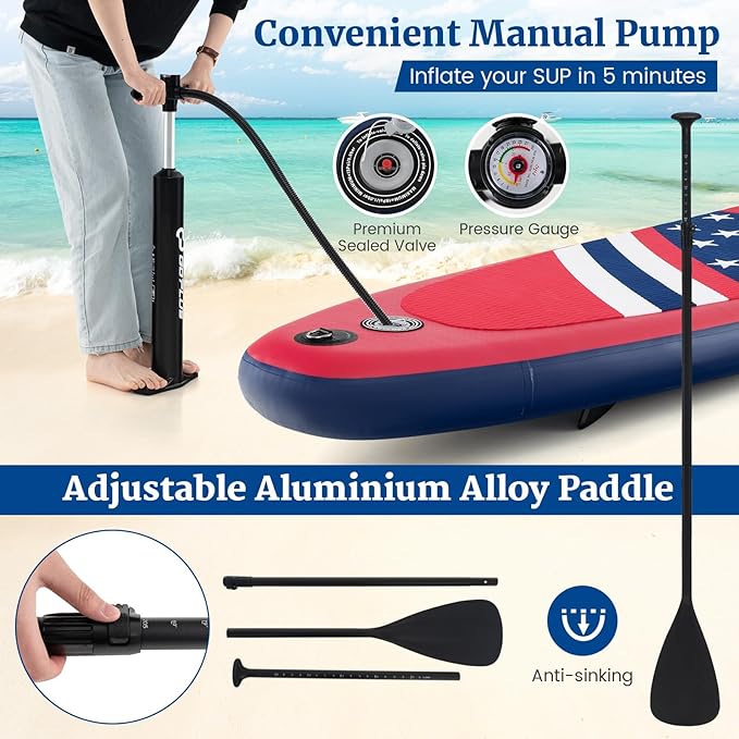 GYMAX Stand Up Paddle Board, Inflatable SUP with Wide Non-Slip EVA Deck, Accessories-Leash, D Rings, Hand Pump, Adjustable Paddle & Backpack, Paddle Boards for Adults Youth-StrideForce Fitness