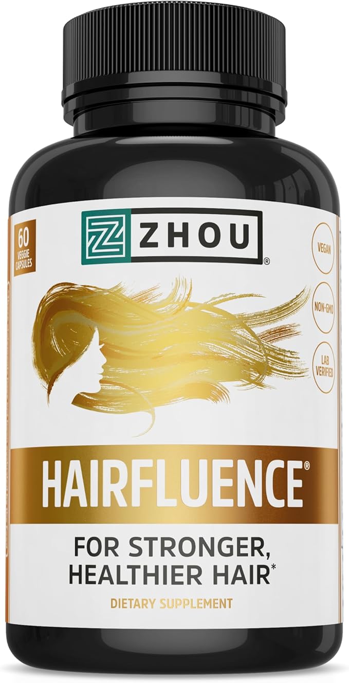 ZHOU Hairfluence, Hair Growth Supplement with Clinically Studied Lustriva and Keranat and Hair Vitamins Biotin 5000mcg, Vitamin D, A, C & B12, Non-GMO, Gluten Free, 60 VegCaps-StrideForce Fitness