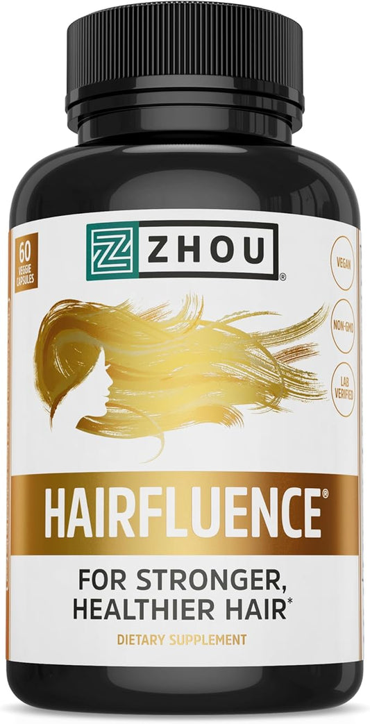 ZHOU Hairfluence, Hair Growth Supplement with Clinically Studied Lustriva and Keranat and Hair Vitamins Biotin 5000mcg, Vitamin D, A, C & B12, Non-GMO, Gluten Free, 60 VegCaps-StrideForce Fitness