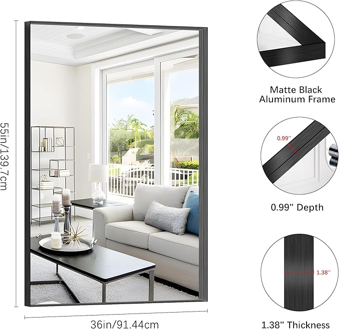 Black Bathroom Mirror, 36x55 Inch Rectangular Deep Frame Mirror, Large Wall Mounted Bathroom Vanity Mirror Over Sink for Bedroom,Restroom, Living Room, Hangs Vertically or Horizontally-StrideForce Fitness