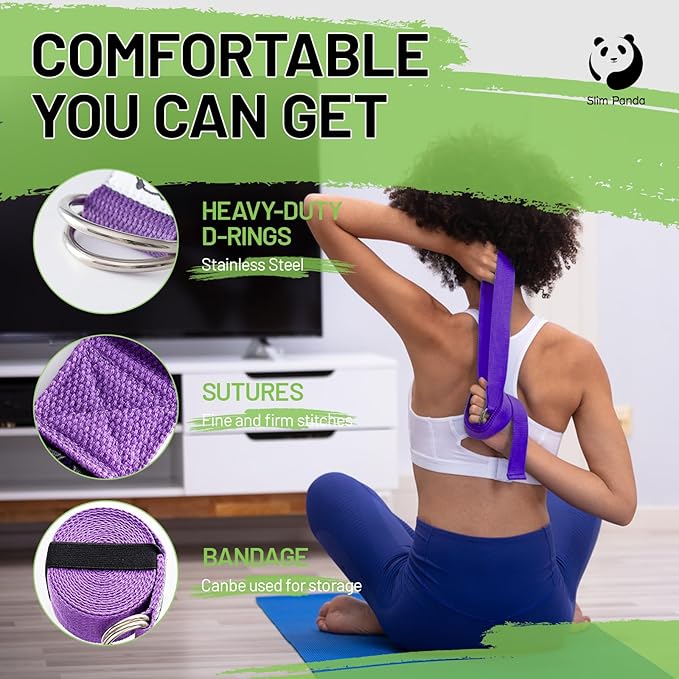 Slim Panda Yoga Strap for Stretching,Cotton Yoga Strap with Adjustable D-Ring Buckle,Non-Elastic Yoga Belt for Pilates,Gym Workouts,Physical Therapy,Improve Flexibility-StrideForce Fitness